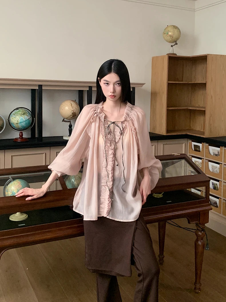 Fall 2025 Fashion Woman Ruffle Lantern Sleeve Sheer Blouse Women V Neck Bandage Oversize Top Designer Fashion Clothes voguable