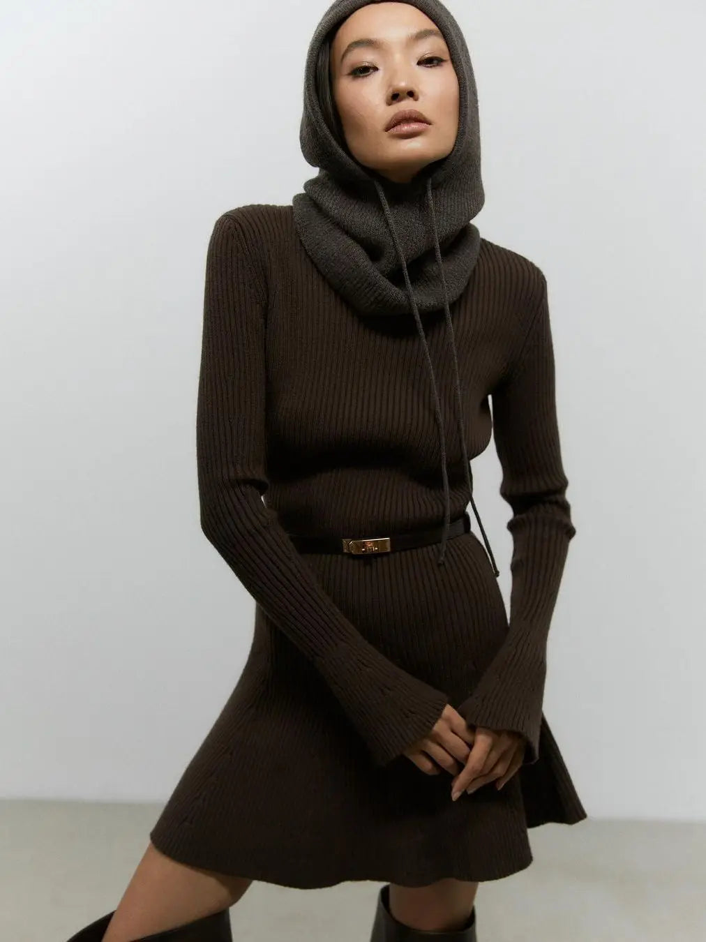 Women Elegant Solid Knitted Mini Dress Fashion Long Sleeve O Neck Ribbed Dresses Autumn Winter Female Streetwear Robes voguable