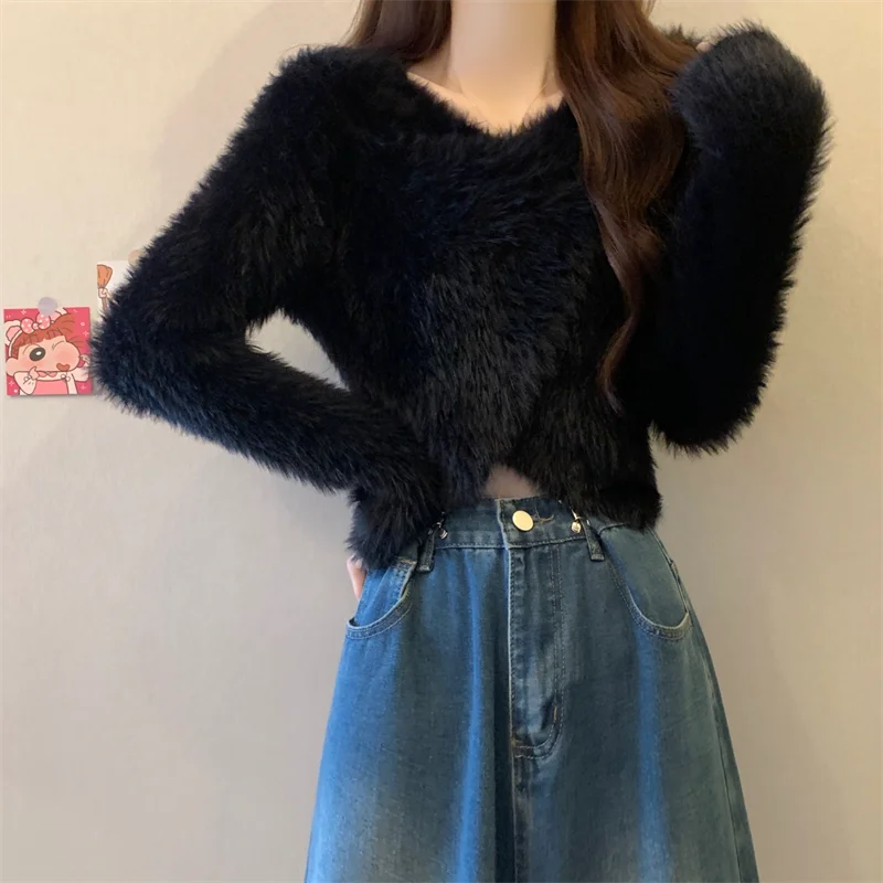 Fuzzy Knit Wrap Front Top Women Long Sleeve Criss-Cross Fluffy Sweater Fitted Crop Top Pullover Ladies Autumn Winter Y2K Outfit voguable
