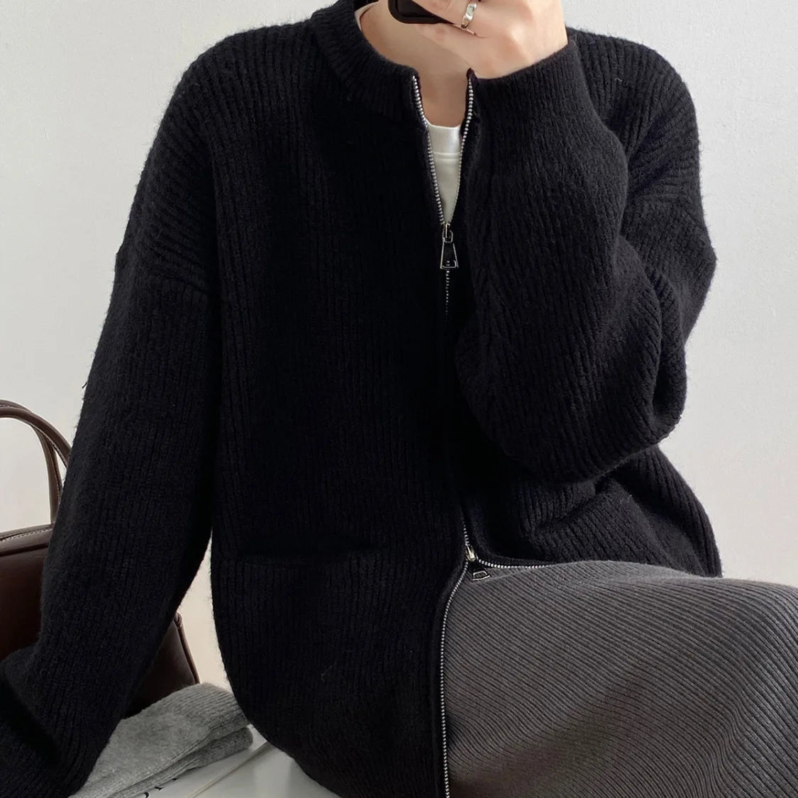 Sweater Cardigan Women Autumn Double Zipper Casual Korean Knitwear Coat Solid Color Loose Soft Long Sleeve Jackets Outerwear voguable