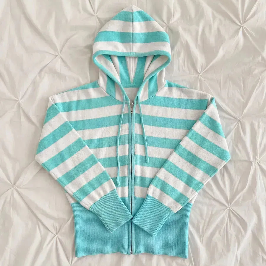 Voguable  New autumn and winter striped hooded slim knit short zipper drawstring waist cinching casual sweater voguable
