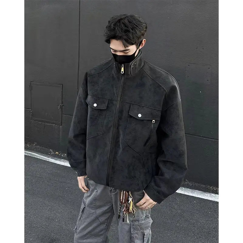 Street Zipper Jacket High-end Handsome Stand-up Collar Coat American 2025 Retro Handsome Work Jacket Loose Top Urban voguable