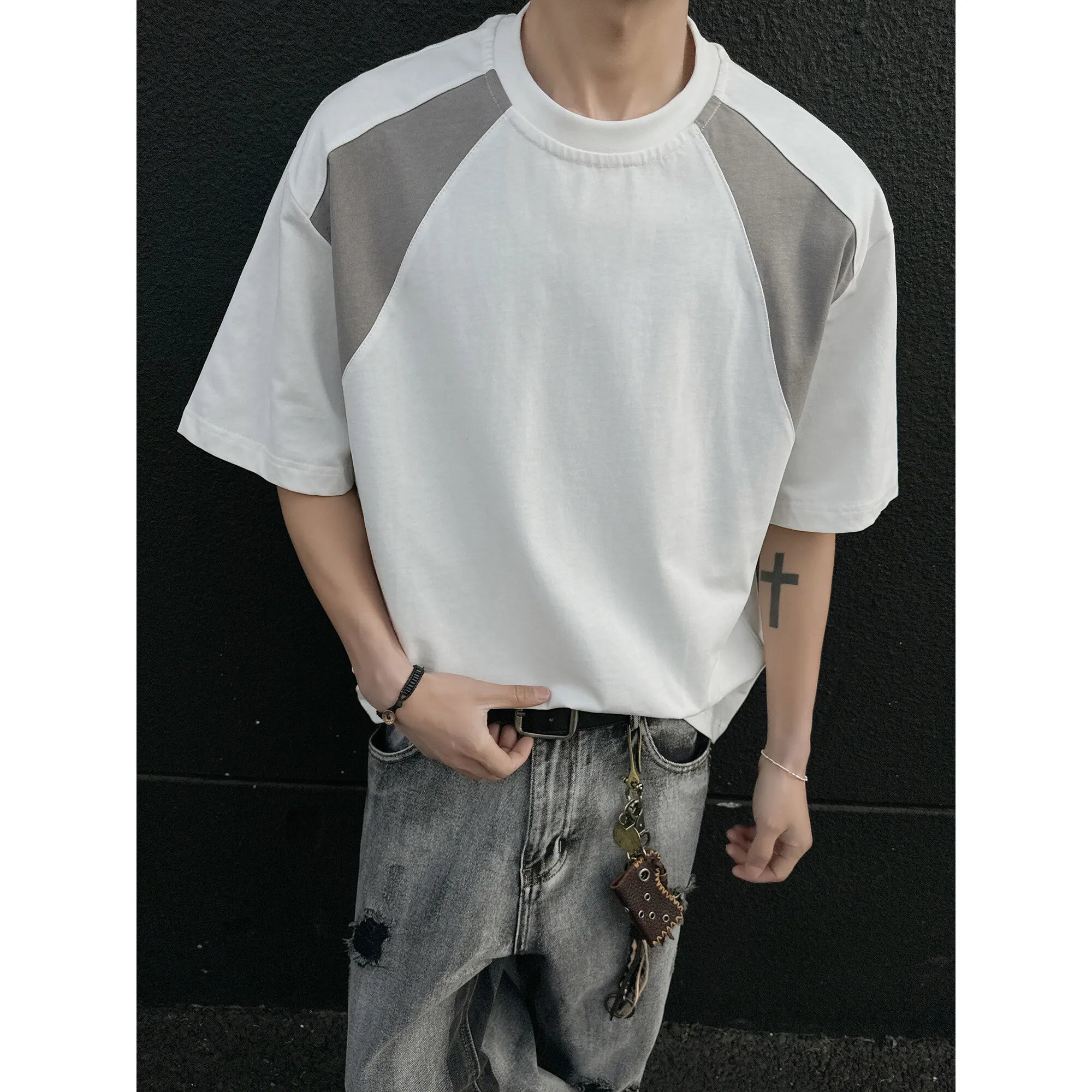 Mens Breathable Cotton Tshirt man Soft Summer Casual Slim Fit Contrast Panel Simpl Design Streetwear Fashion Tee Line Texture voguable