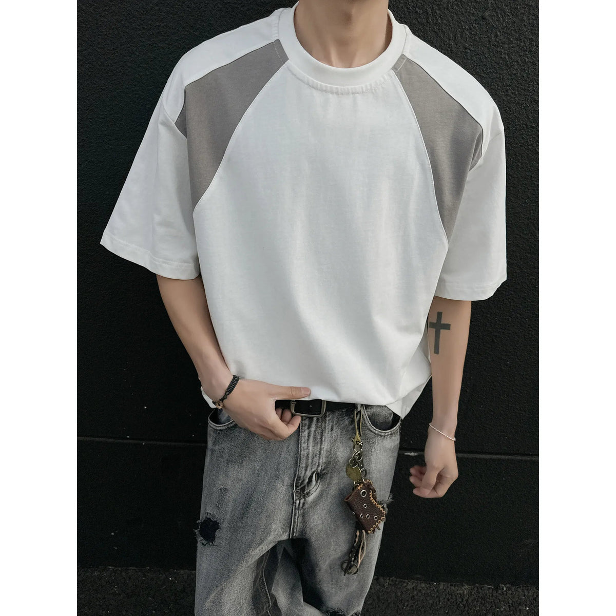 Mens Breathable Cotton Tshirt man Soft Summer Casual Slim Fit Contrast Panel Simpl Design Streetwear Fashion Tee Line Texture voguable