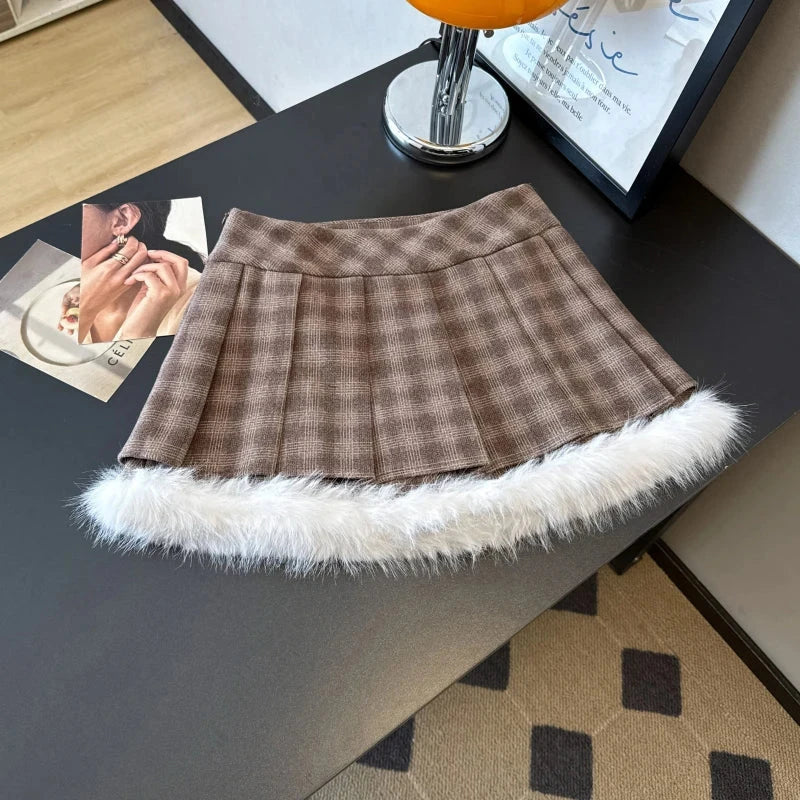 Sexy Sweet Plaid Skirt Women High Waist Faux Woolen Fashion Korean Mini Skirts Fall Winter Preppy Style Slim A Line Skirt voguable
