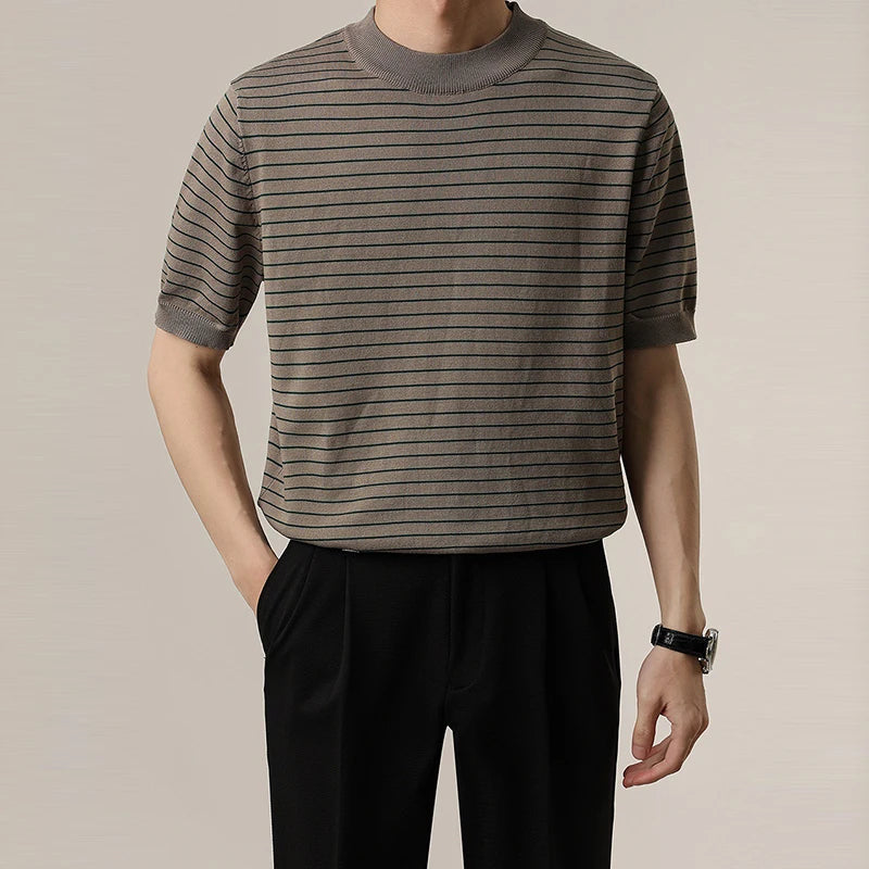Summer Men's Clothing Luxury Knitted O Collar Striped T Shirt Leisure Korean Popular Short Sleeve Retro Breathable Knitwear voguable