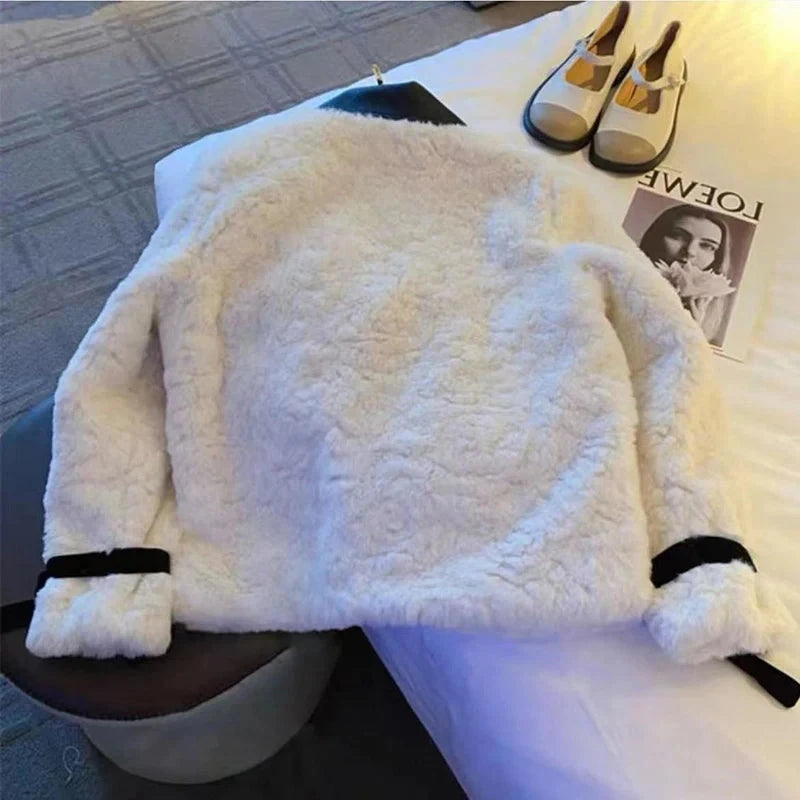 Women Sweet Bow Faux Lamb Coat Fashion Korean Long Sleeve Winter Warm Jacket Chic Slim Patchwork Elegant Pockets Outwear voguable