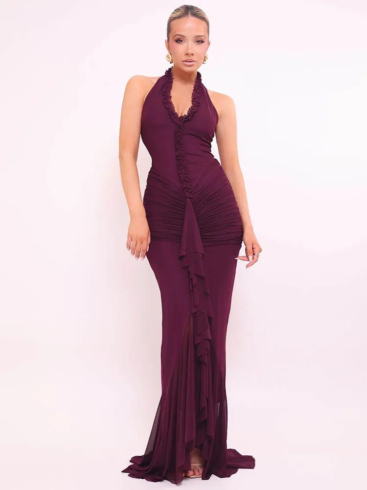 Halter V Neck Backless Sexy Maxi Dress Women Gown Fashion Sleeveless Draped Ruched Ruffle Club Party Long Dress Elegant voguable