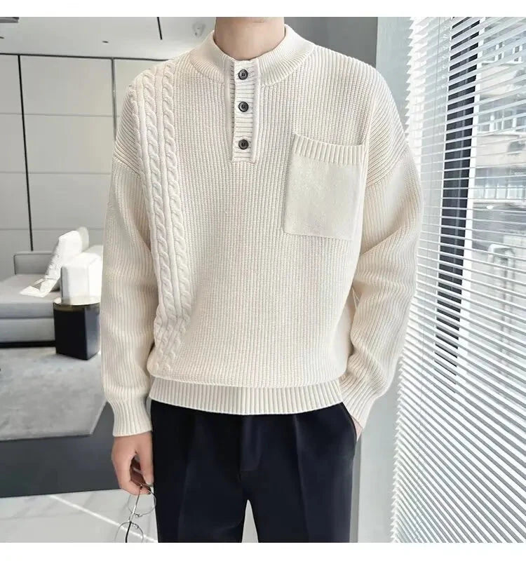 Korean Popular Men's Henry Collar Sweater Light Luxury Knit Long Sleeve Button Pullover Trending Jacquarded Solid Color Knitwear voguable