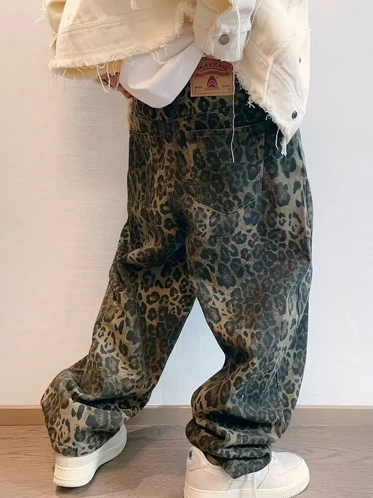 Autumn Tan Leopard Jeans Men Denim Pants Male Oversize Wide Leg Trousers Streetwear Hip Hop Vintage Loose Casual Animal Print voguable