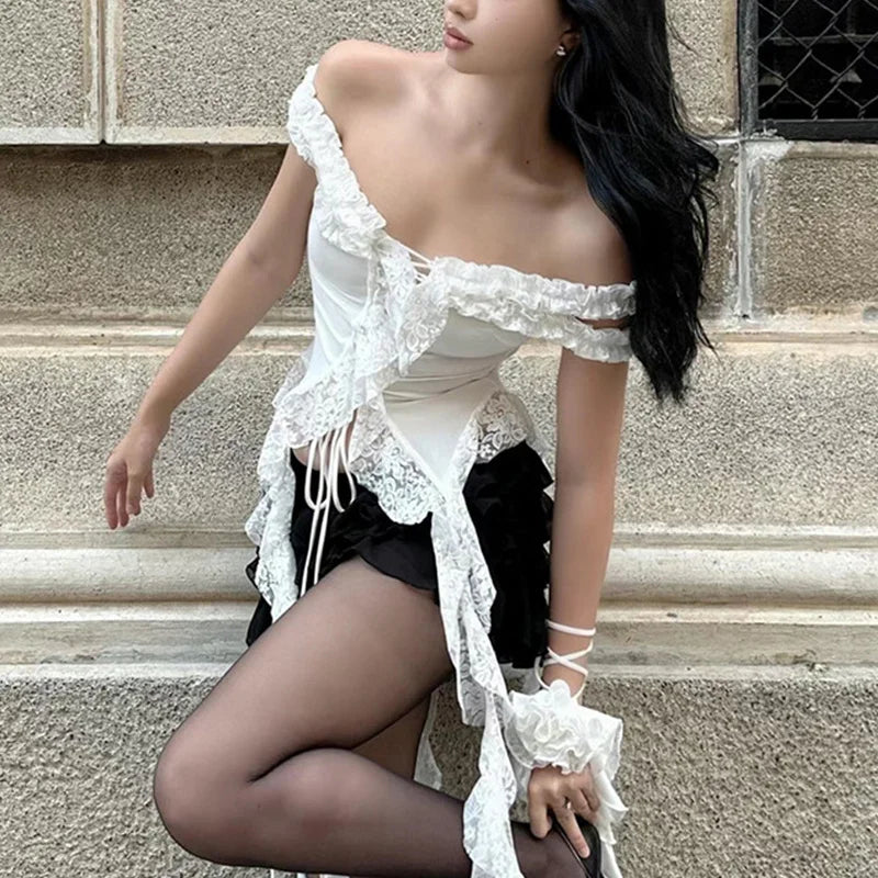 Fairy Coquette y2k Top Women Summer Lace Patchwork Off Shoulder Sleeveless Irregular Hem T Shirt 2000s Party Clubwear voguable