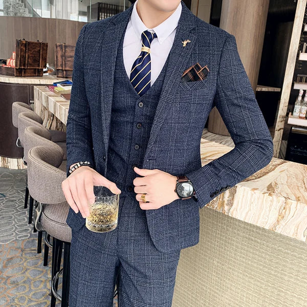 Voguable S-7XL ( Blazer + Vest + Pants ) Groom Wedding Dress Dark Plaid Classic Retro Men's Formal Business Suit Three-Piece Set voguable