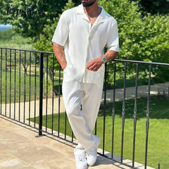 Fashion Mens Loose Two Piece Sets Spring Summer Casual Solid Color Ribbed Shirts And Pants Suits Men Streetwear Vintage Outfits voguable