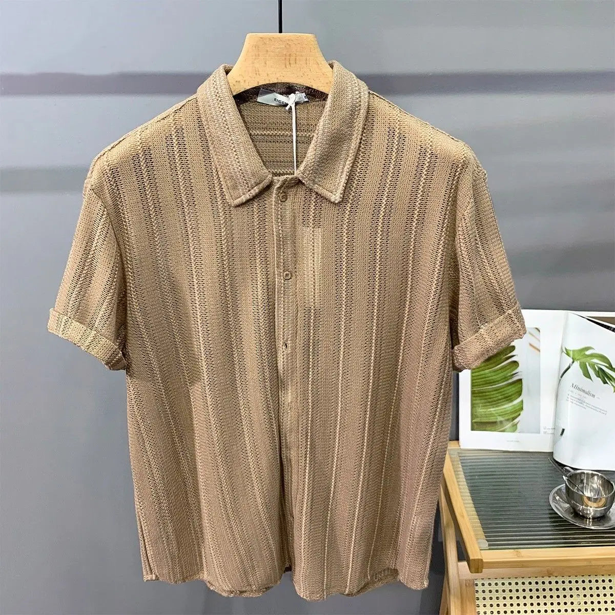 Voguable  Hollow Short-sleeved Shirt Men's Summer Thin Trendy Handsome French Light Luxury Drape Hawaiian Shirt Men's Top voguable