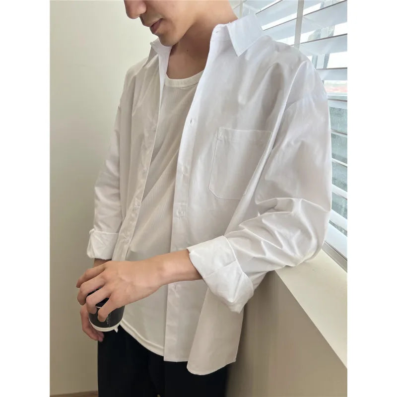Voguable Blue White Long Sleeved Shirt Men Fashion Social Men Dress Shirt Korean Loose Casual Shirts Men Office Formal Shirt M-2XL voguable