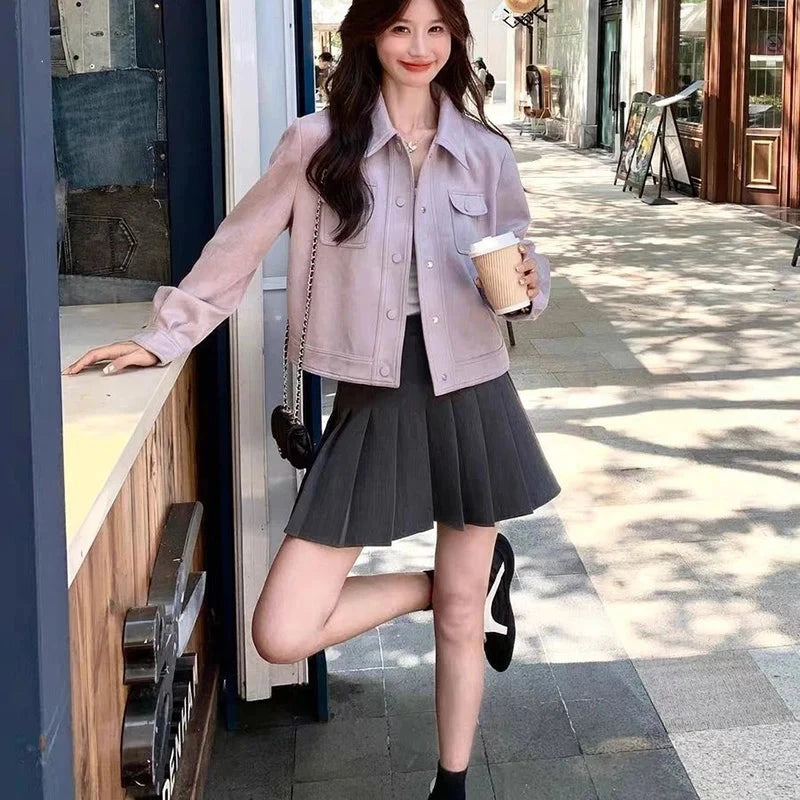 Purple Sweet Faux Suede Jacket Women Casual Vintage Korean Long Sleeve Coat Fall Winter Preppy Style Retro All Match Tops voguable