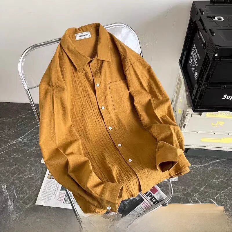 Voguable  Casual Cotton Long Sleeve Pink Shirt for Men Vintage Loose Fit Workwear Shirt Breathable Youthful Style Four Seasons Universal voguable