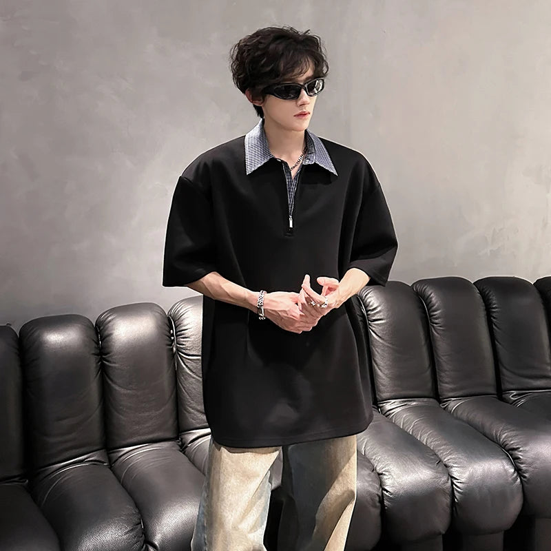 POLOshirt Mens Luxury new Solid Color Half Zip Polo Checkered Collar Stylish Trendy Streetwear T-Shirt Urban Fashion Casual Wear voguable
