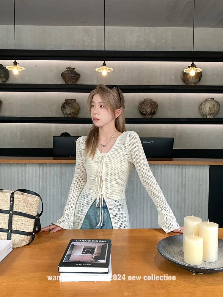 Tie Front Open Knit Cardigan Women Long Sleeve Longline Sweater Jacket Sheer Beach Cover-Up Ladies Boho Vacation Outfit voguable