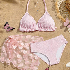 Voguable  Children Pink Crinkle 3-Piece Bikini Set with Halter Triangle Top & Floral Mesh Sarong Cover Up Beachwear Girl's Sportswear voguable