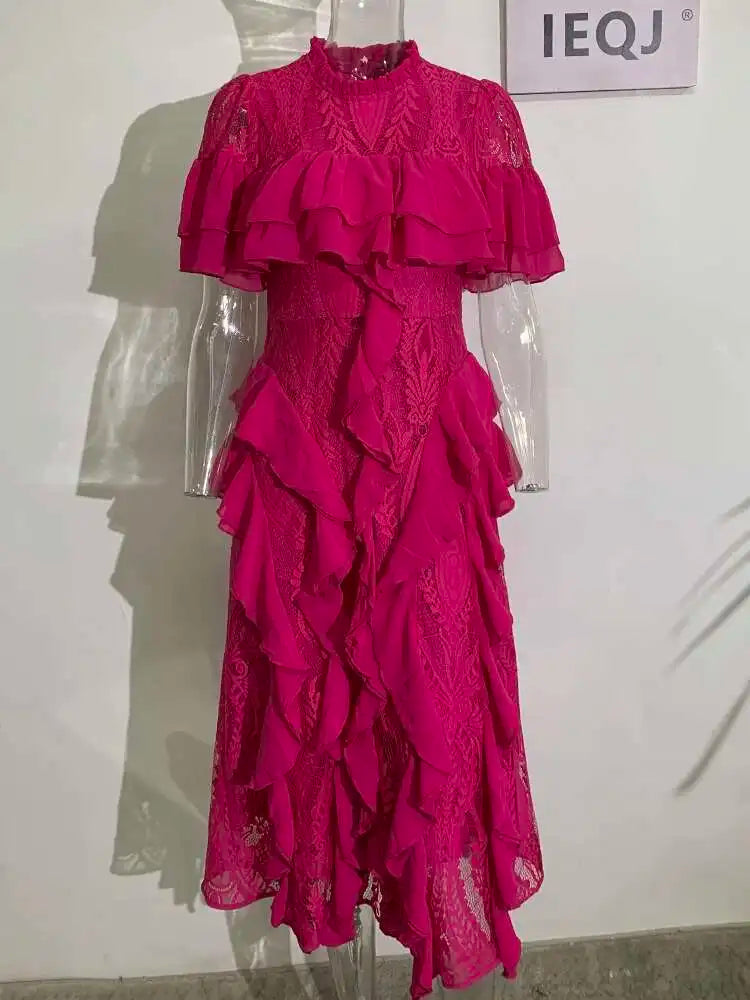 Fashioin Designes Hollow Out Ruffled Evening Dresses For Women O Neck Short Sleeve Party Maxi Dress 2025 New Summer voguable