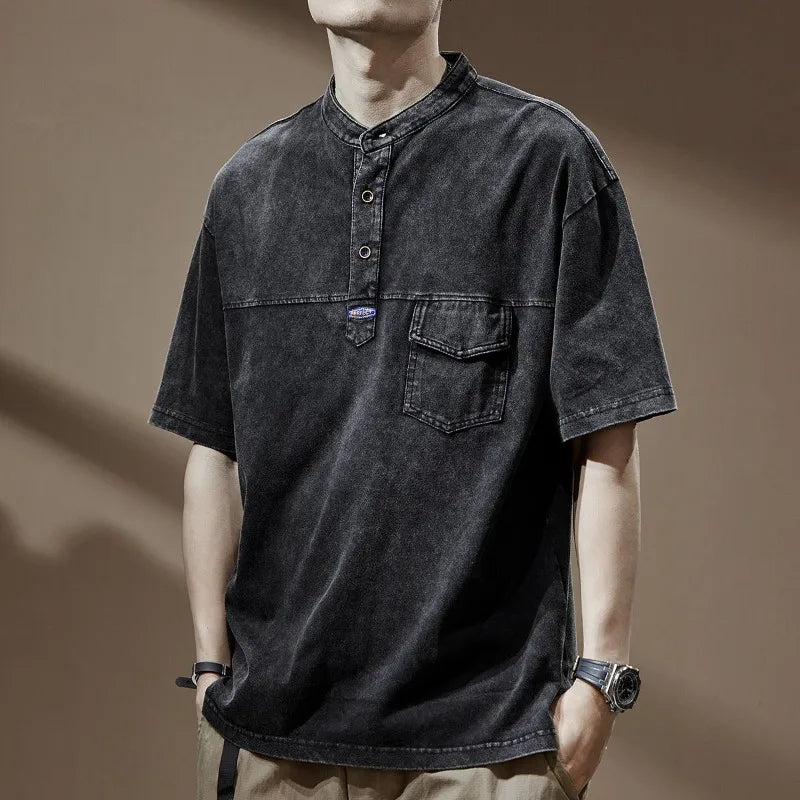 Voguable  Nostalgic Washed Summer New Polo Shirt Men's Heavy Fermentation Short-sleeved T-shirt Loose O-neck Half-sleeved T-shirt voguable