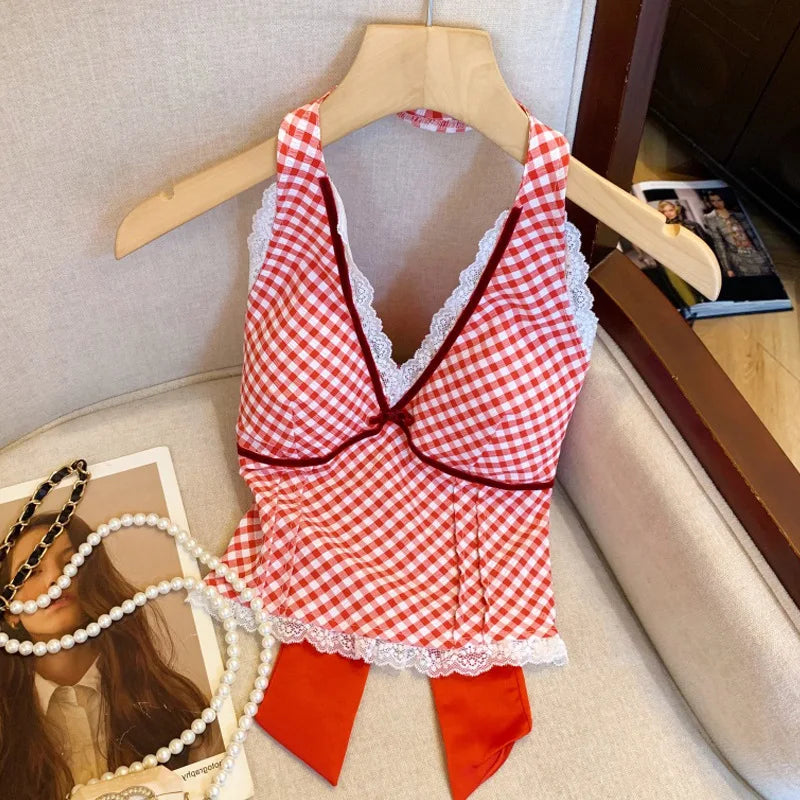 French Sweet Spicy Camis Hanging Neck Camisole Lace Patchwork Plaid Print Short Top Sexy Deep V-neck Bandage Halter Crop Tops voguable
