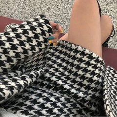 Voguable  Spring Autumn New Houndstooth Suit Women's Fashion Loose Double-Breasted Cotton Woolen Coat+High Waist Skirt Two-Piece Suit voguable