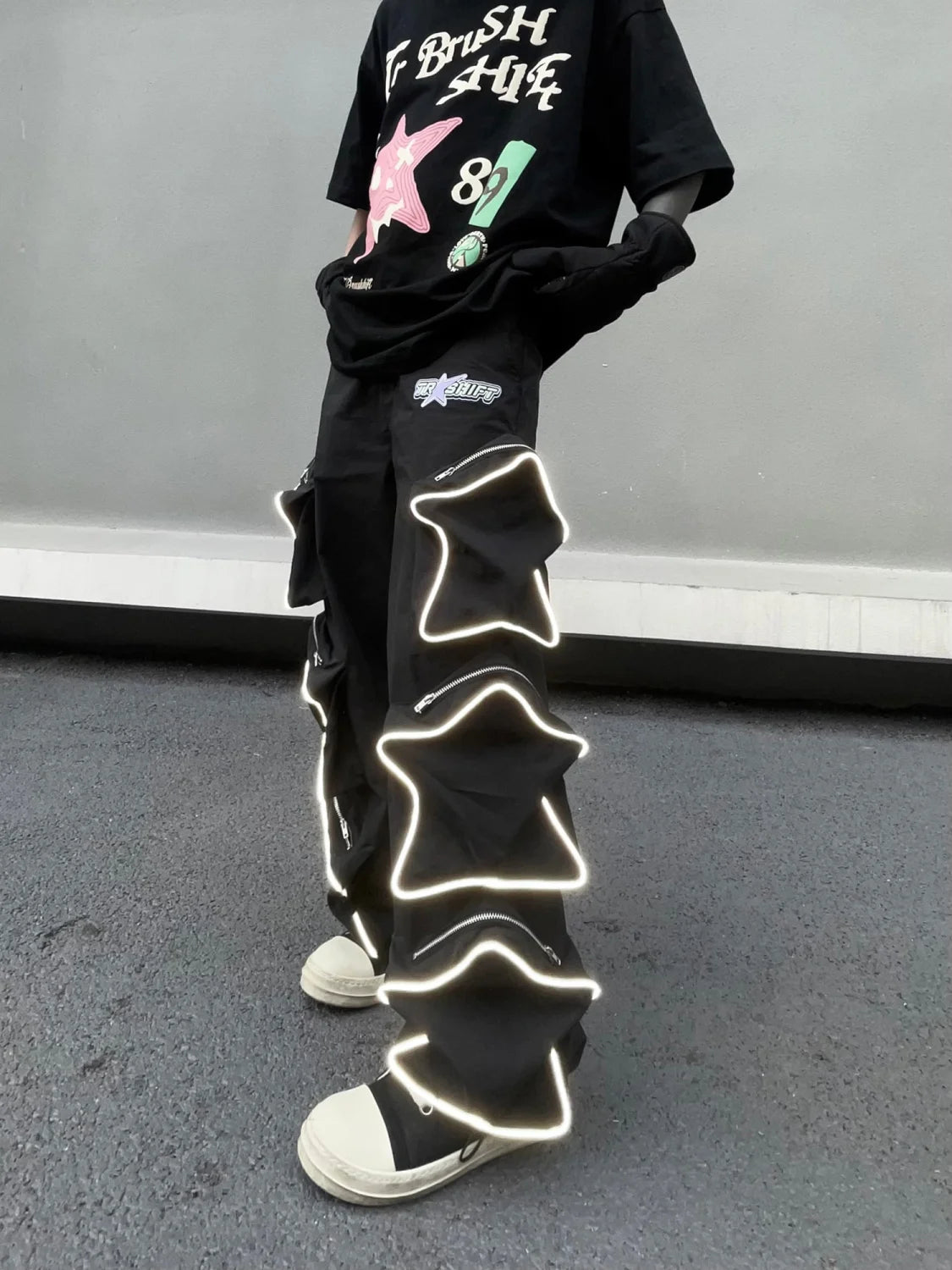 Voguable Y2k Cargo Pants Men Five Pointed Star Three Dimensional Multi Pocket Black Pants Reflective Casual Straight Leg Pants Streetwear voguable