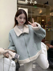 Faux Suede Lamb Jackets Women Winter Warm Thick Sweet Cute Short Coat Korean Vintage Loose Long Sleeve Preppy Style Tops voguable