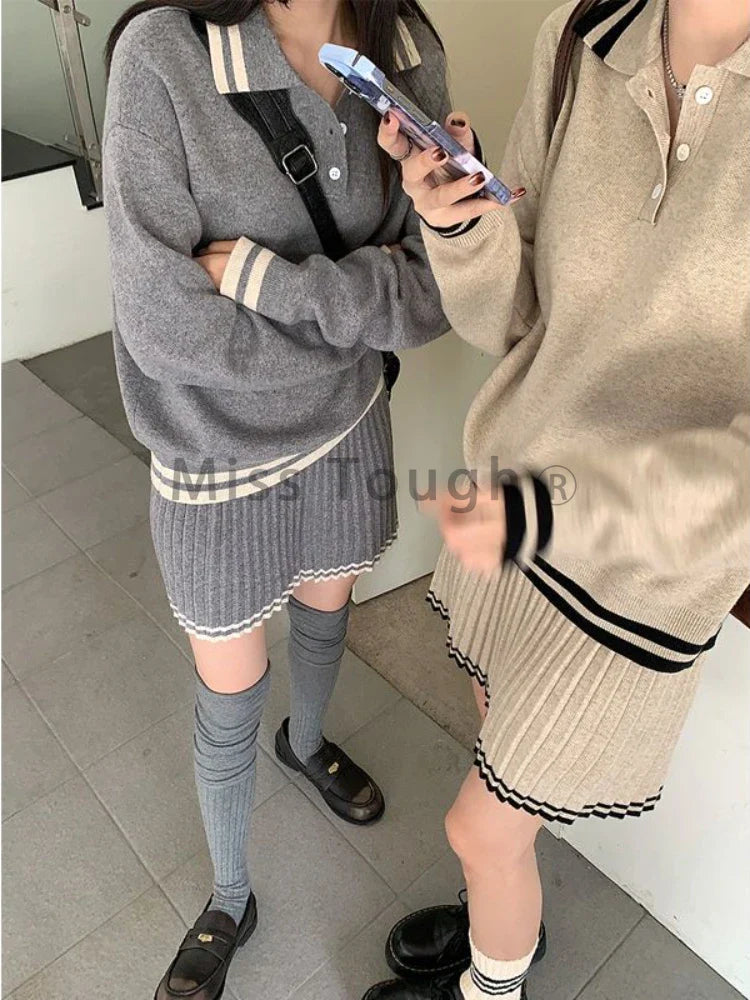 College Style Elegant Sweater Skirt Suit Women Fashion Polo Neck Tops + Pleated Mini Skirt Harajuku Knit Casual Two Piece Suit Pbong