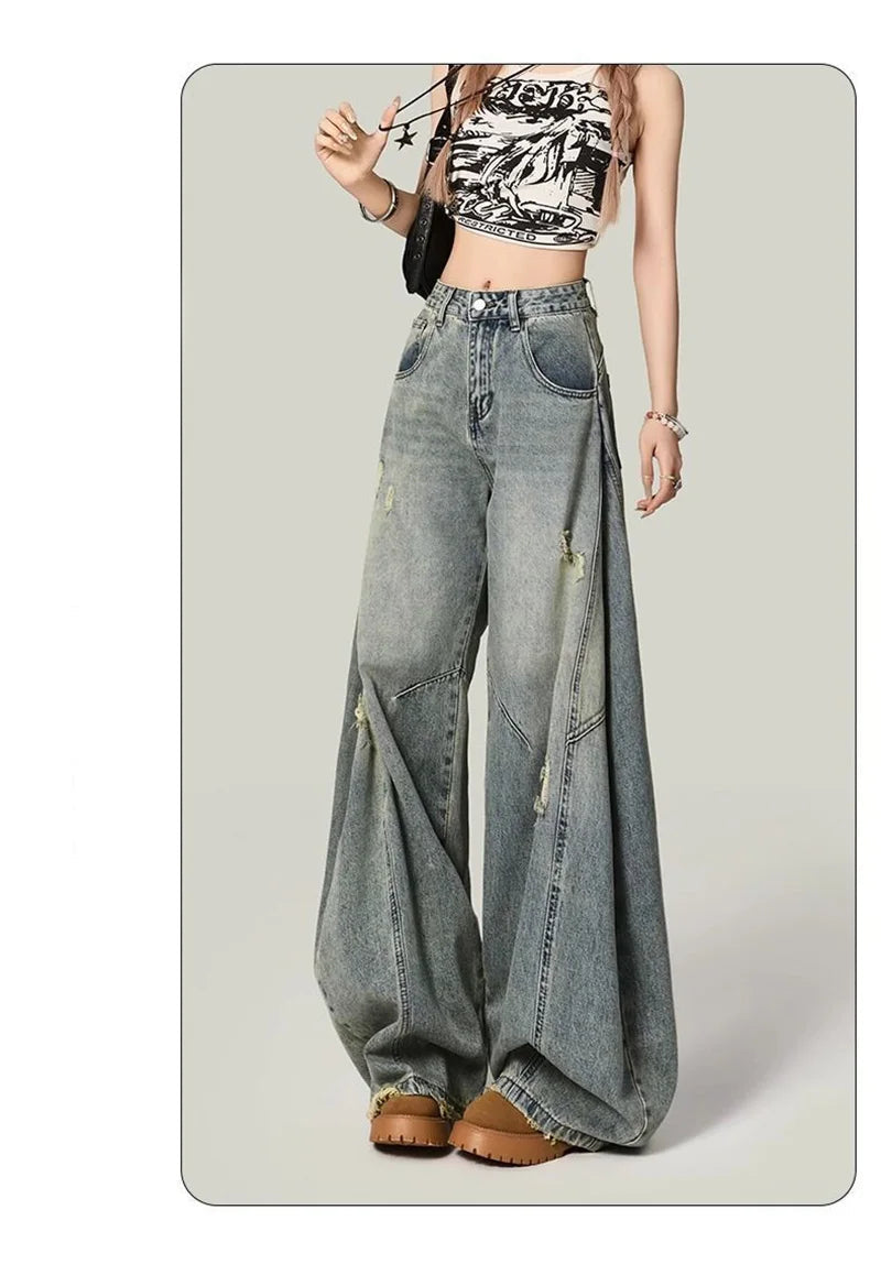Women Y2K Hole Jeans Streetwear American Retro High Waist Loose Denim Pants Casual Hip Hop Vintage Pockets Lady Gothic Trousers voguable