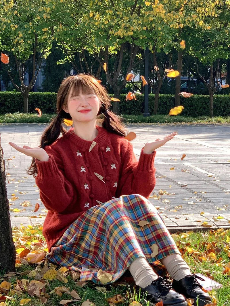Christmas Red Sweet Cardigan Women Vintage Preppy Style Japan Knitted Sweater Casual Lazy Wind Female Fall Winter Tops New voguable