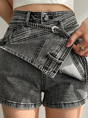Fashion Women's Denim Skirt New High Waist Irregular Chain Spliced Gray Above Knee Skirts Female Tide Summer