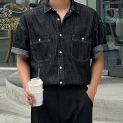 Voguable Men's Denim Shirt 2024 Summer New Loose Trend Versatile Lapel Short Sleeve Design Single Breasted Double Pockets Top voguable