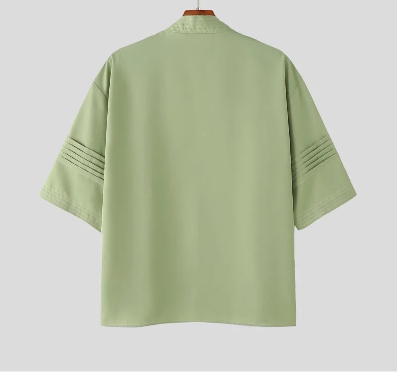 Men Shirt Solid Color V Neck Half Sleeve Casual Cardigan Men 2025 Oversize Pleated Fashion Male Tops Shirts Streetwear voguable