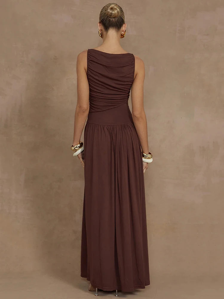 Mozision Elegant Sleeveless Maxi Dress For Women Fashion Solid Boat Neck Tank Dresses Ladies Sexy Ruched Long Dress New Gown voguable