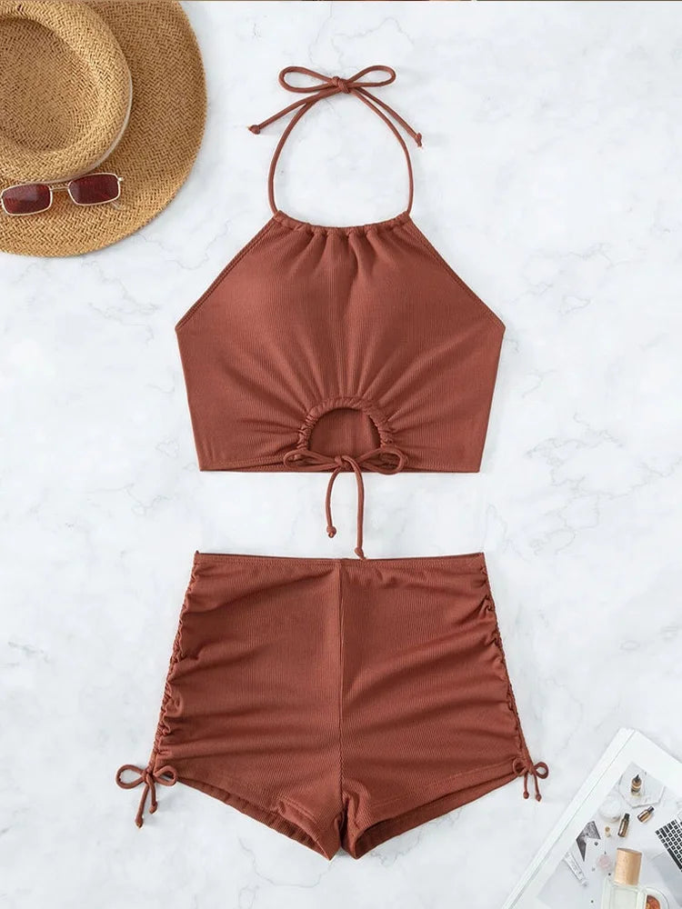 Voguable  Sexy High Waist Laced Up Bikini 2 Piece Set Women Split Swimsuit Beach Bikini New All Season Solid Backless Bikini Set voguable