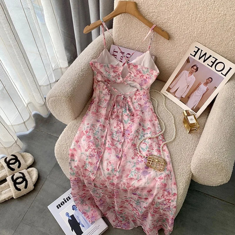Voguable Women Sexy Backless V-Neck Floral Print Suspender Dresses  2023 Summer High Waist Chiffon Hotsweet Beach Ruffles Dress voguable