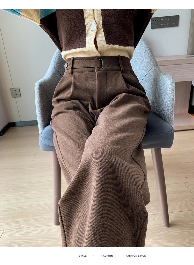 Voguable Winter Thick Loose Casual Female Wide Leg Pants Pure Color Chic Buttons Straight Slim Fashion Women Pants Black Apricot voguable