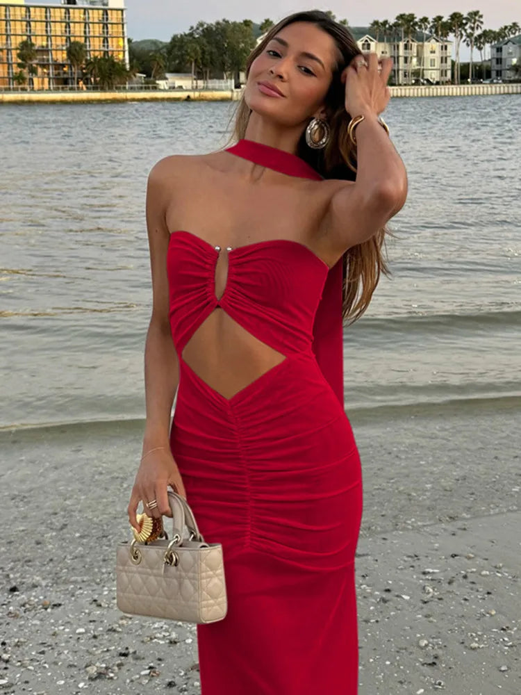 Hollow Out Backless Sexy Maxi Dress Women Gown Summer Halter Off-shoulder Backless Club Party Long Dress Elegant voguable