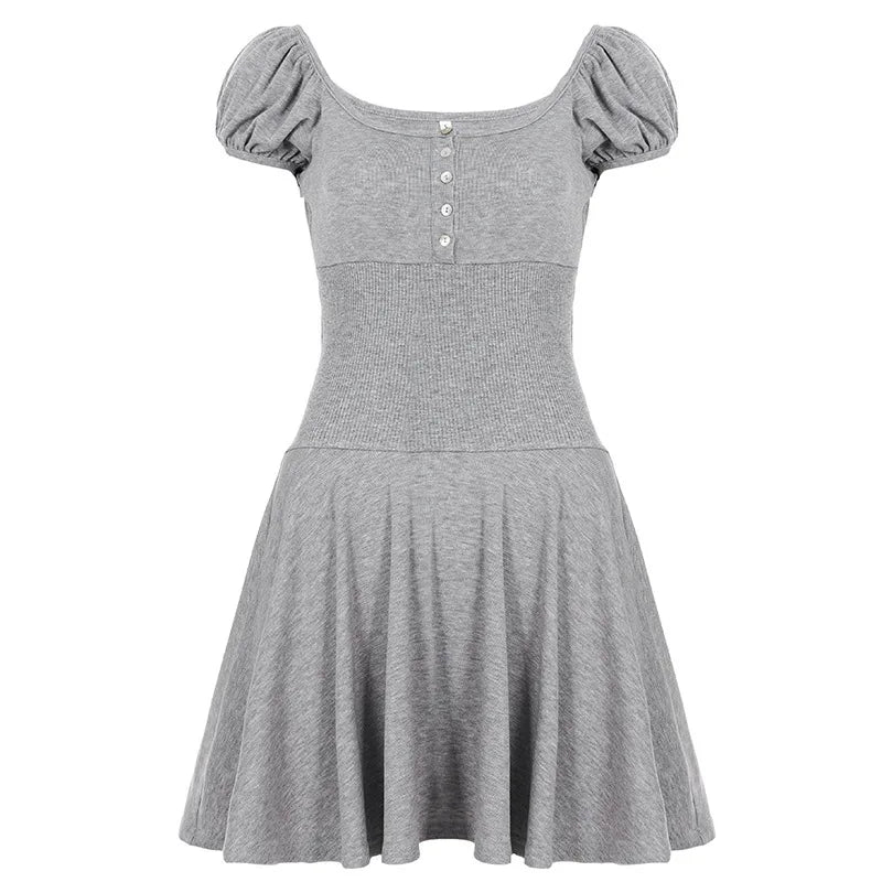 Voguable  American Y2k  Elegant Temperament Square Collar Puff Sleeve Slim Waist  High Waist Summer Dresses voguable