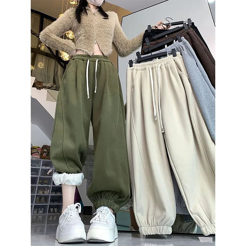 Sports Sweatpants Women Winter New High Waist Thermal Plus Fleece Wide Leg Drawstring Casual Elastic Waist All-match Trousers voguable