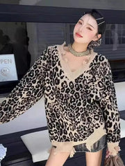 Hip Hop Hole Leopard Sweater Women Loose Streetwear Lazy Wind Y2K Knitted Jumper American Harajuku Vintage Long Sleeve Tops voguable
