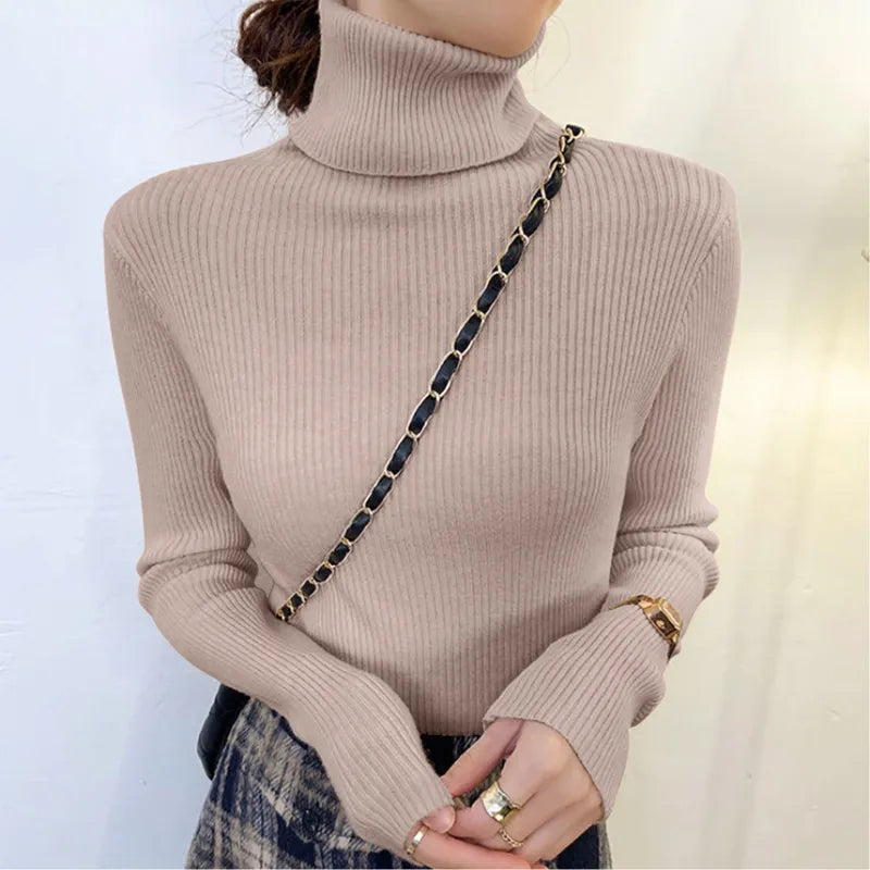 Elegant Solid Basic Knitted Tops Women Turtlneck Sweater Long Sleeve Casual Slim Pullover Korean Fashion Simple Chic Clothes voguable
