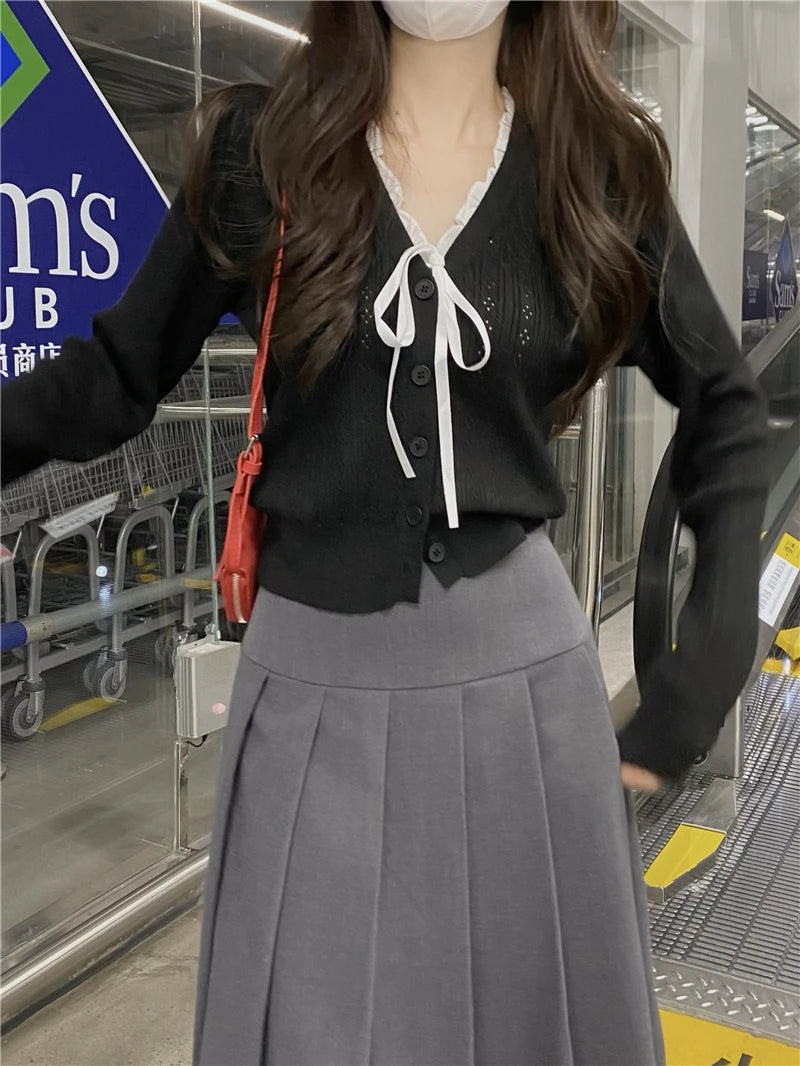 Women's Pointelle Knit Cardigan with Bow Long Sleeve Button Front Sweater Openwork Cardi Teen-girl Fairycore Balletcore Outfit voguable