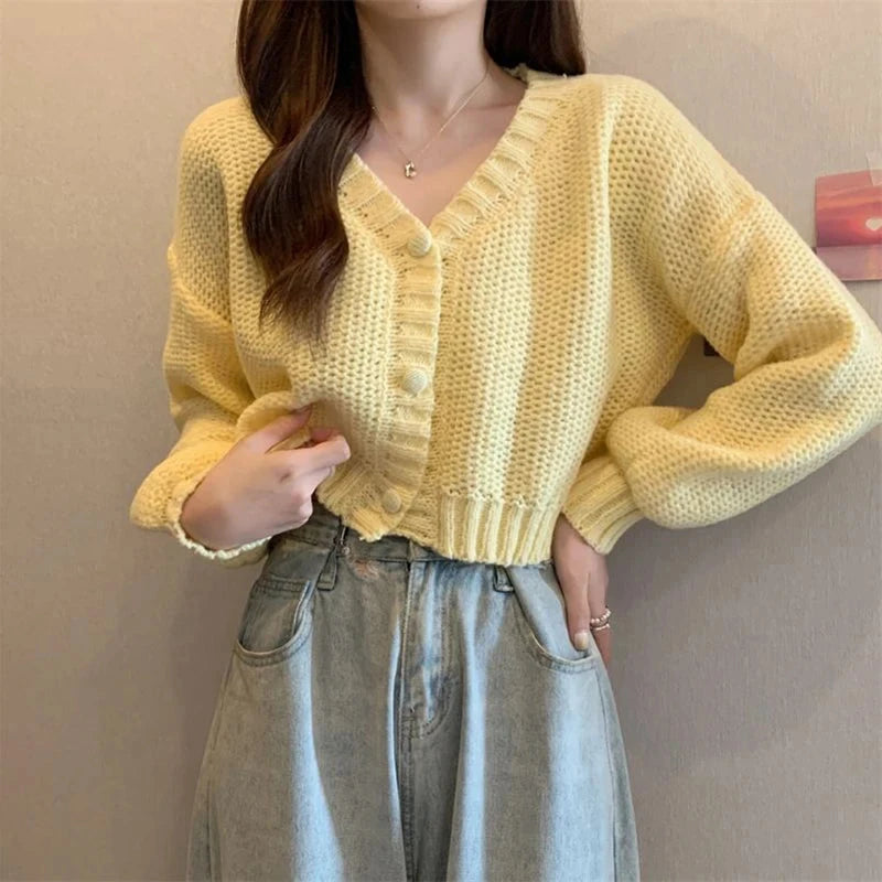 Sexy Cropped Sweet Cardigan Women V Neck Vintage Slim Long Sleeve Knitted Sweaters Korean Causal Simple Solid Lady Fall Tops New voguable