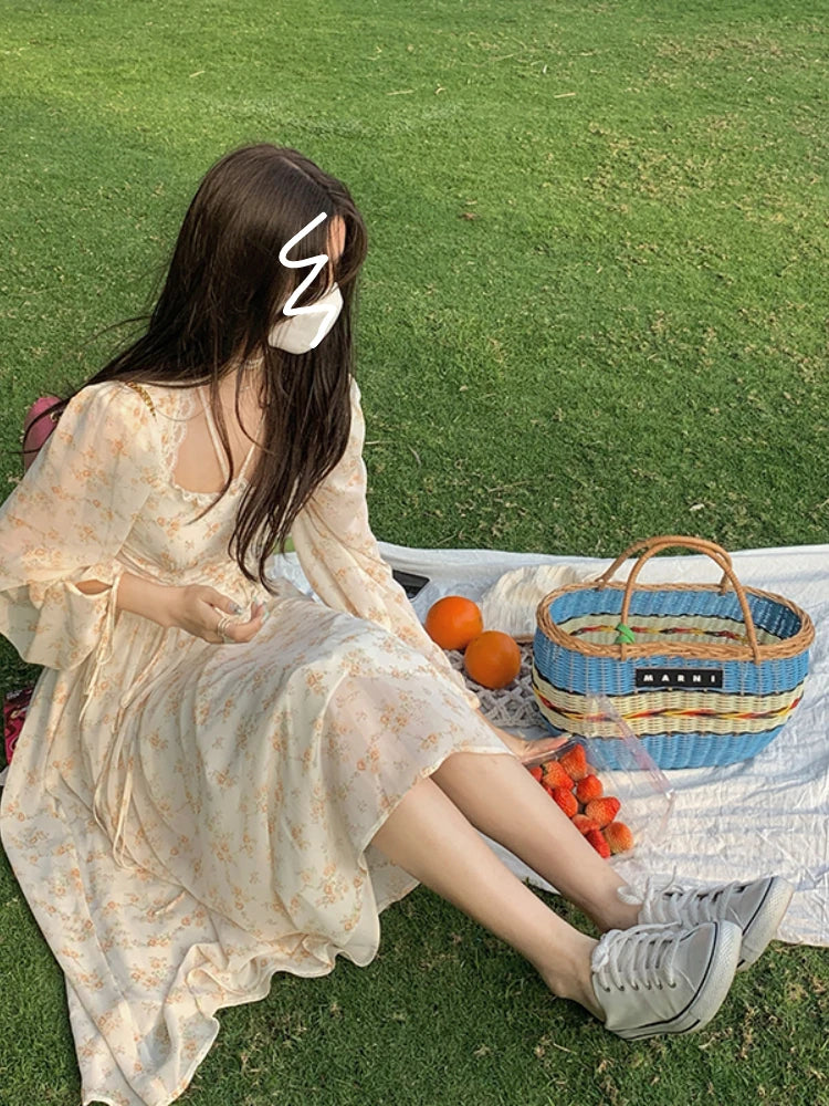 Voguable Spring Elegant Y2K Midi Dress Women Casual Lace One Piece Dress Korean Sweet Vintage Floral Dress Party Long Sleeve voguable