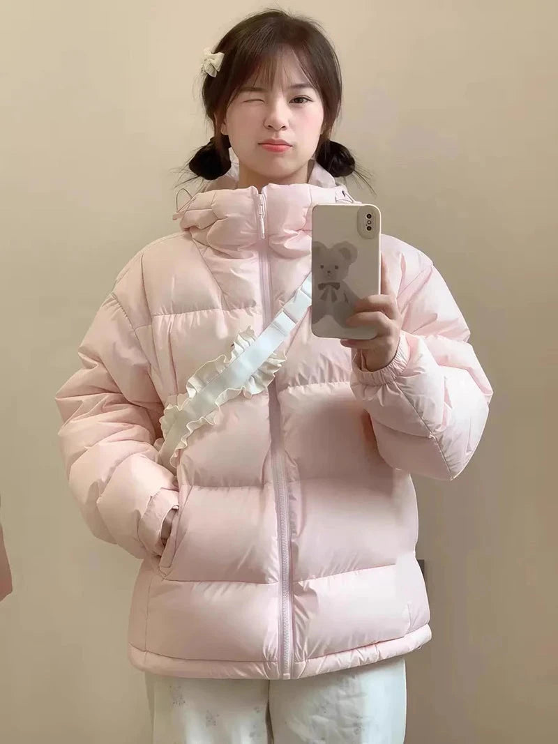 Zoki Winter Cute Pink Puffy Parkas Women Warm Thick Long Sleeve Sweet Cotton Coat Casual Stand Collar Preppy Style Korean Jacket voguable