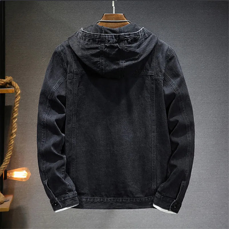 Spring Autumn Men's Hooded Denim Jacket Windproof Casual Coats Male Large Pocket Sports Denim Jackets Solid Fashion Streetwear voguable